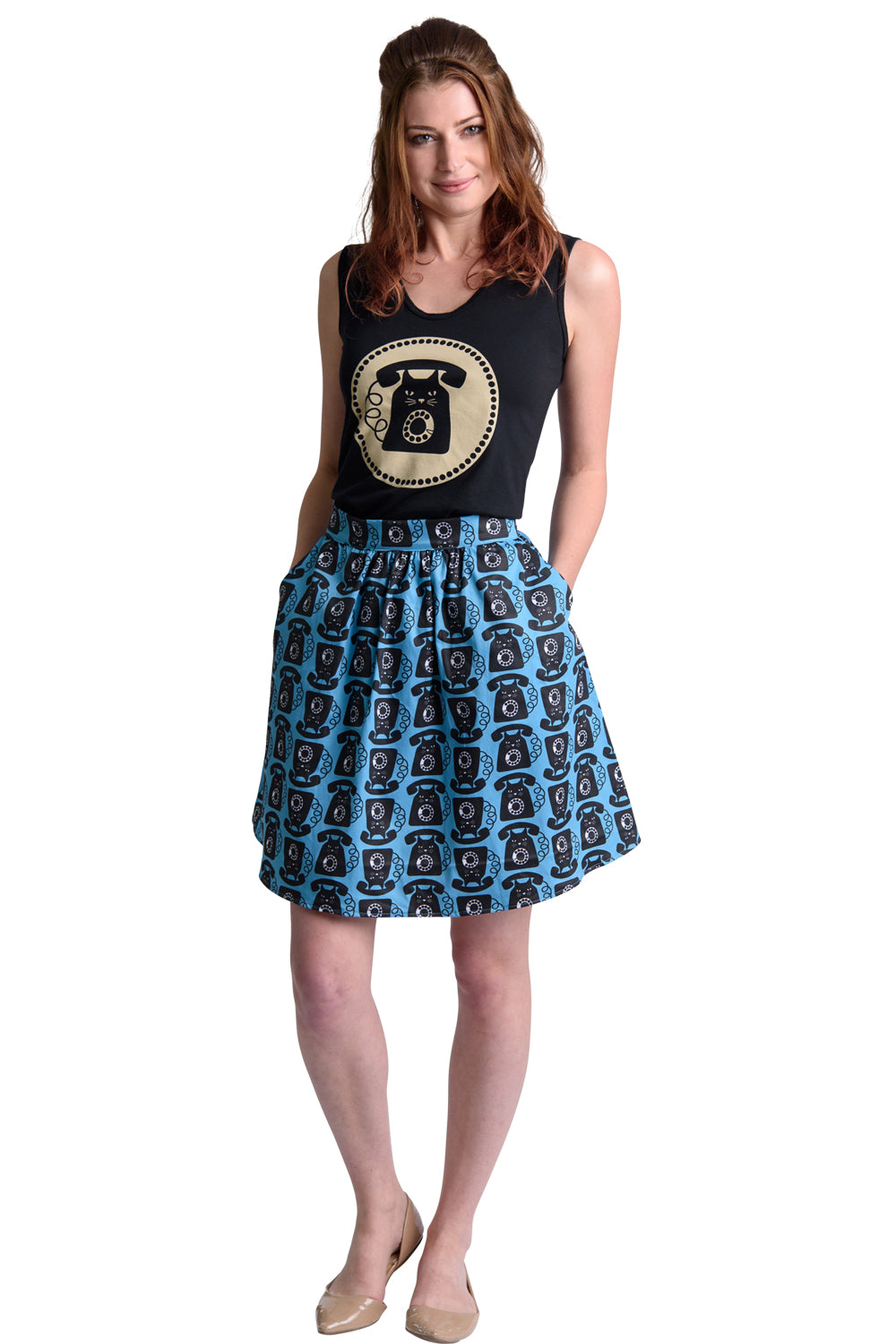 Aqua blue black and white gathered cat phone print short skirt with pockets, paired with a cute tshirt