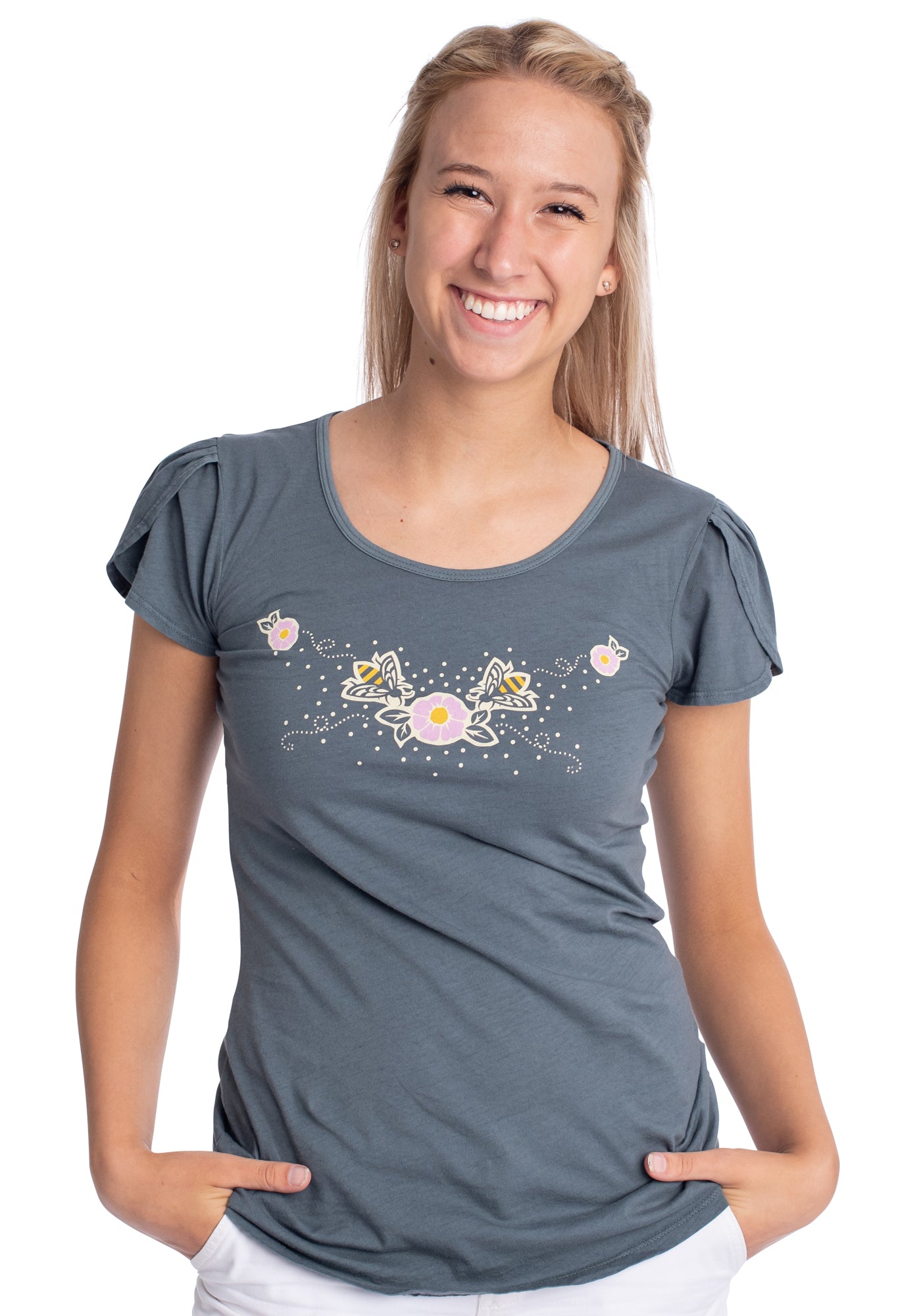 Grey tulip-sleeved tee with print of flowers and bees on blonde model 
