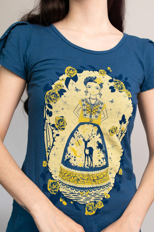 Navy blue tulip-sleeved tee with yellow and blue screen print of an artist woman, deer, and roses