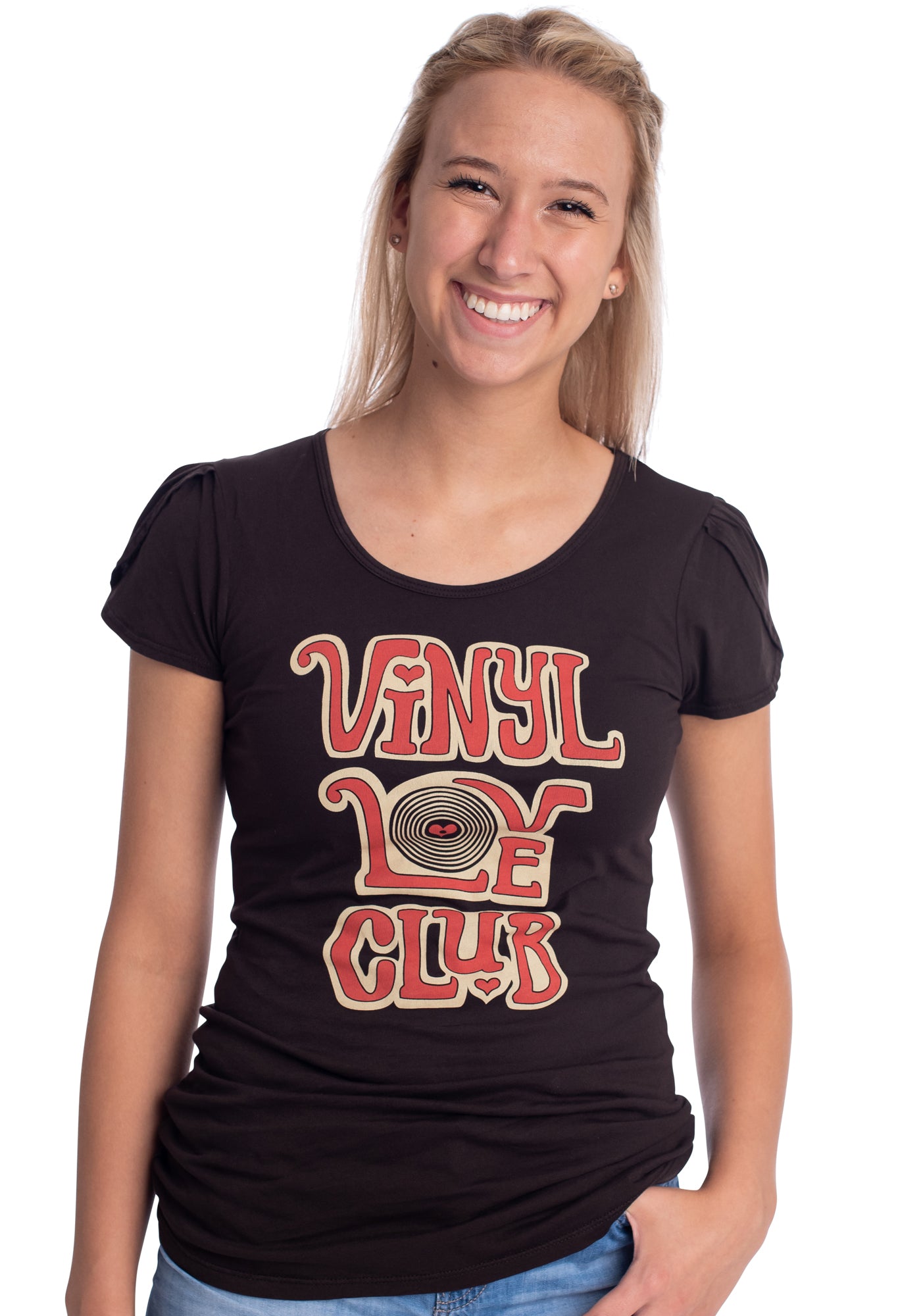 Dark brown tulip sleeve tee with red and off white 70s inspired "Vinyl Love Club" design