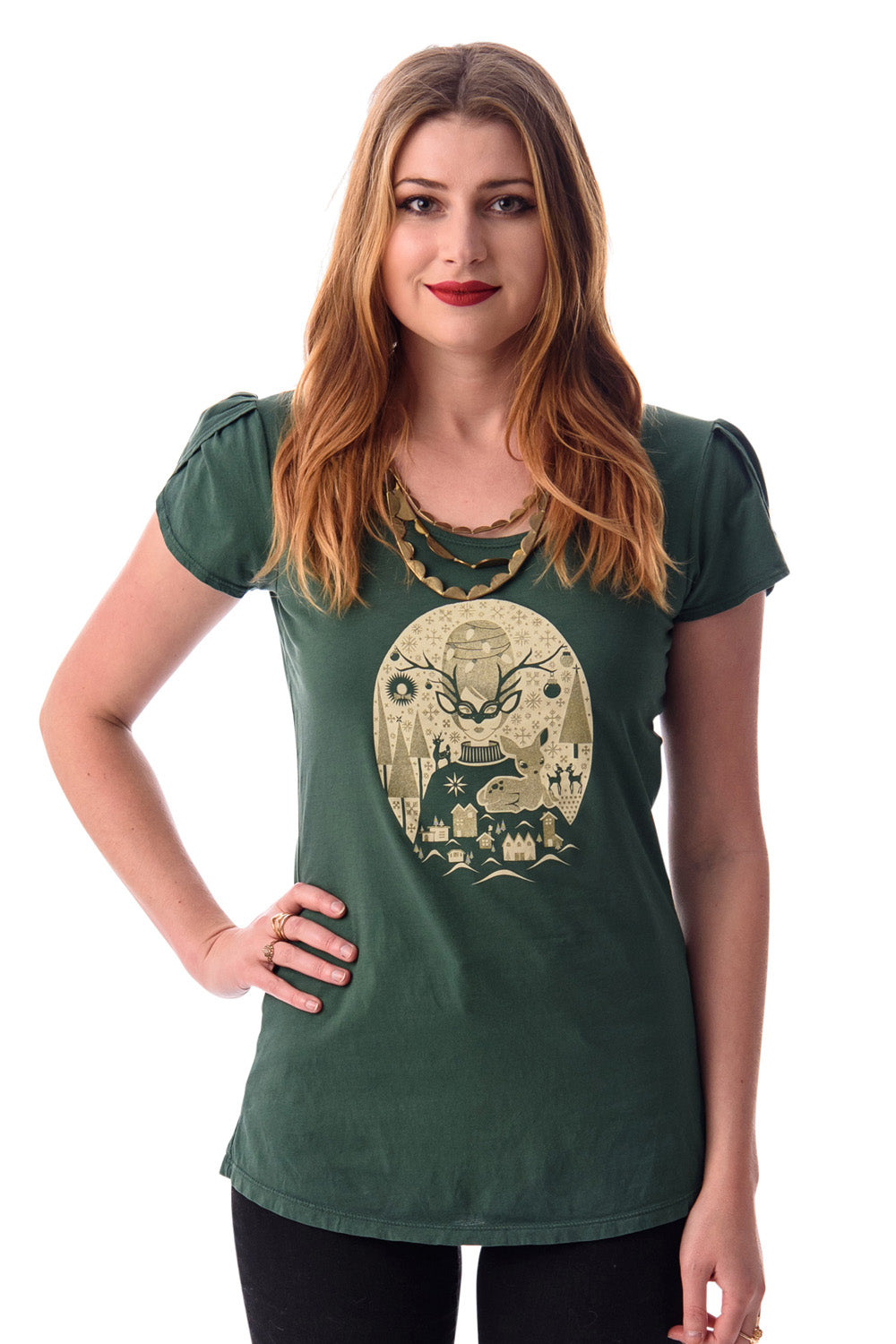 Blonde model wearing green tee with graphic of woman and baby deer