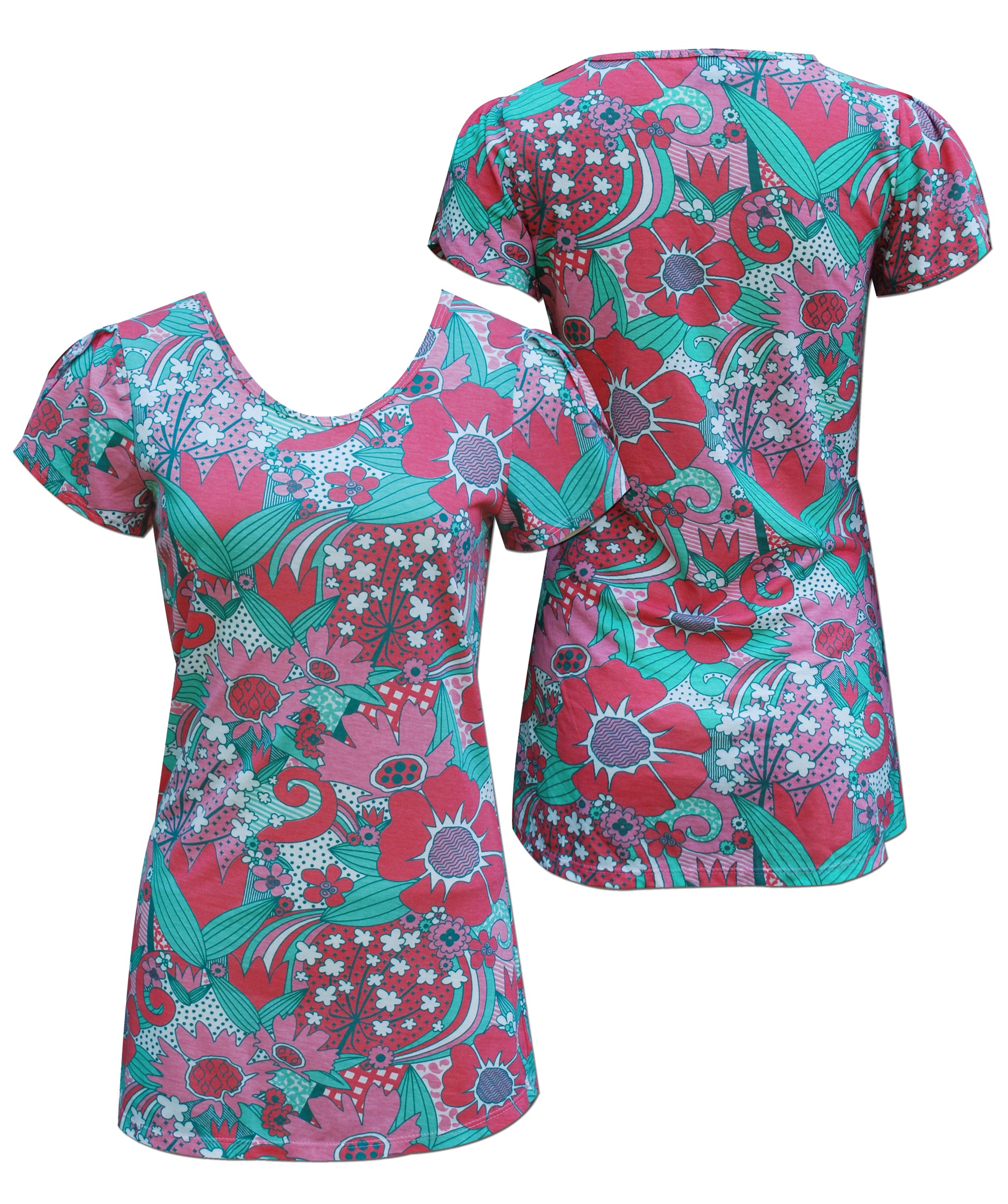 Front and back view of tulip-sleeved pink and green floral tee