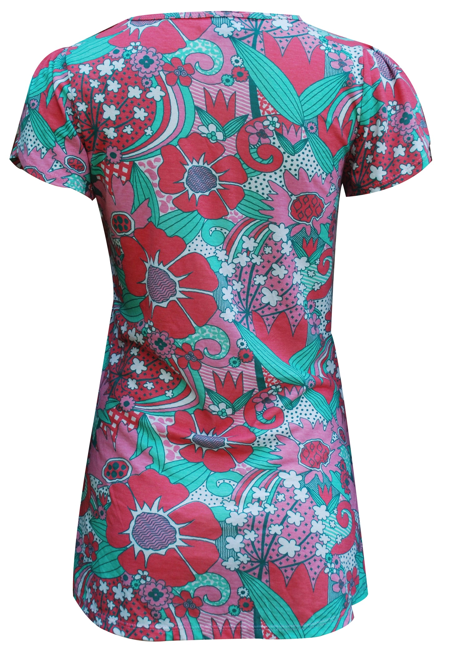 Back view of tulip-sleeved pink and green floral tee