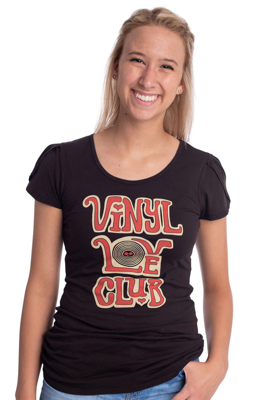Dark brown tulip sleeve tee with red and off white 70s inspired "Vinyl Love Club" design
