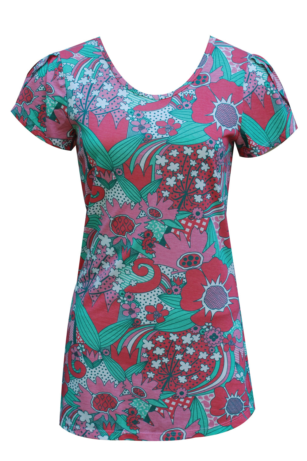 Front view of tulip-sleeved pink and green floral tee
