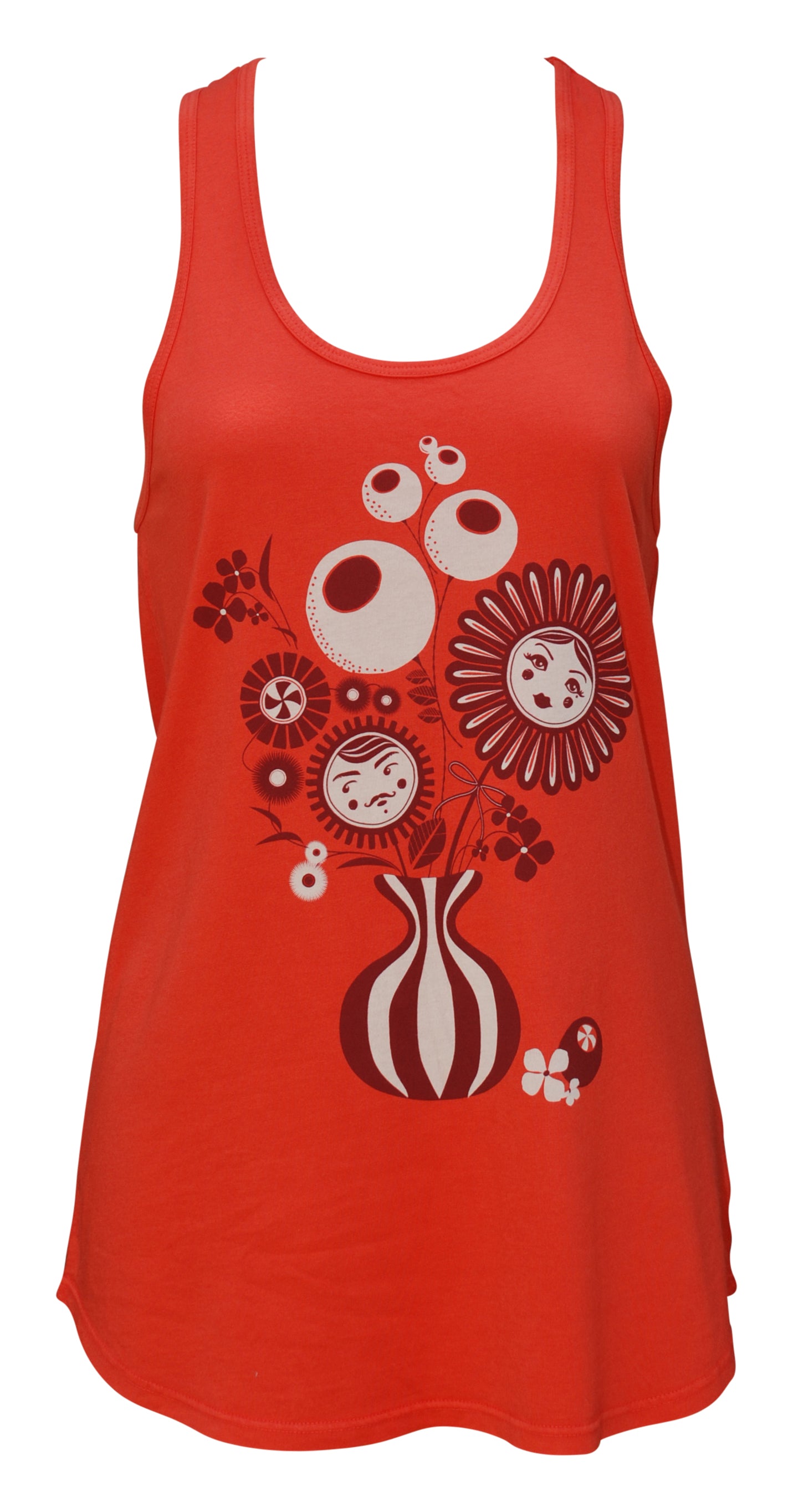 Bright orange tank top with print of flower vase