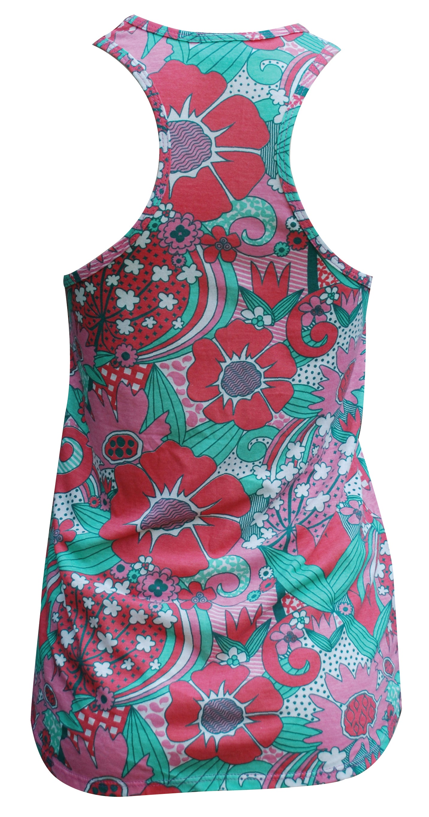 Back view of pink and green floral racerback tank