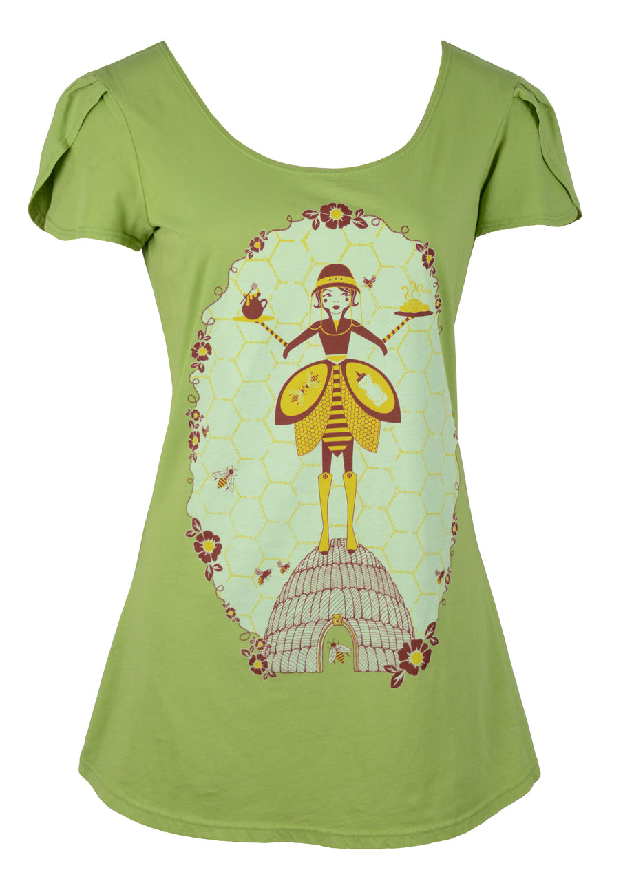 Apple green tulip-sleeved tee with print of beekeeper holding biscuits and honey and standing on beehive