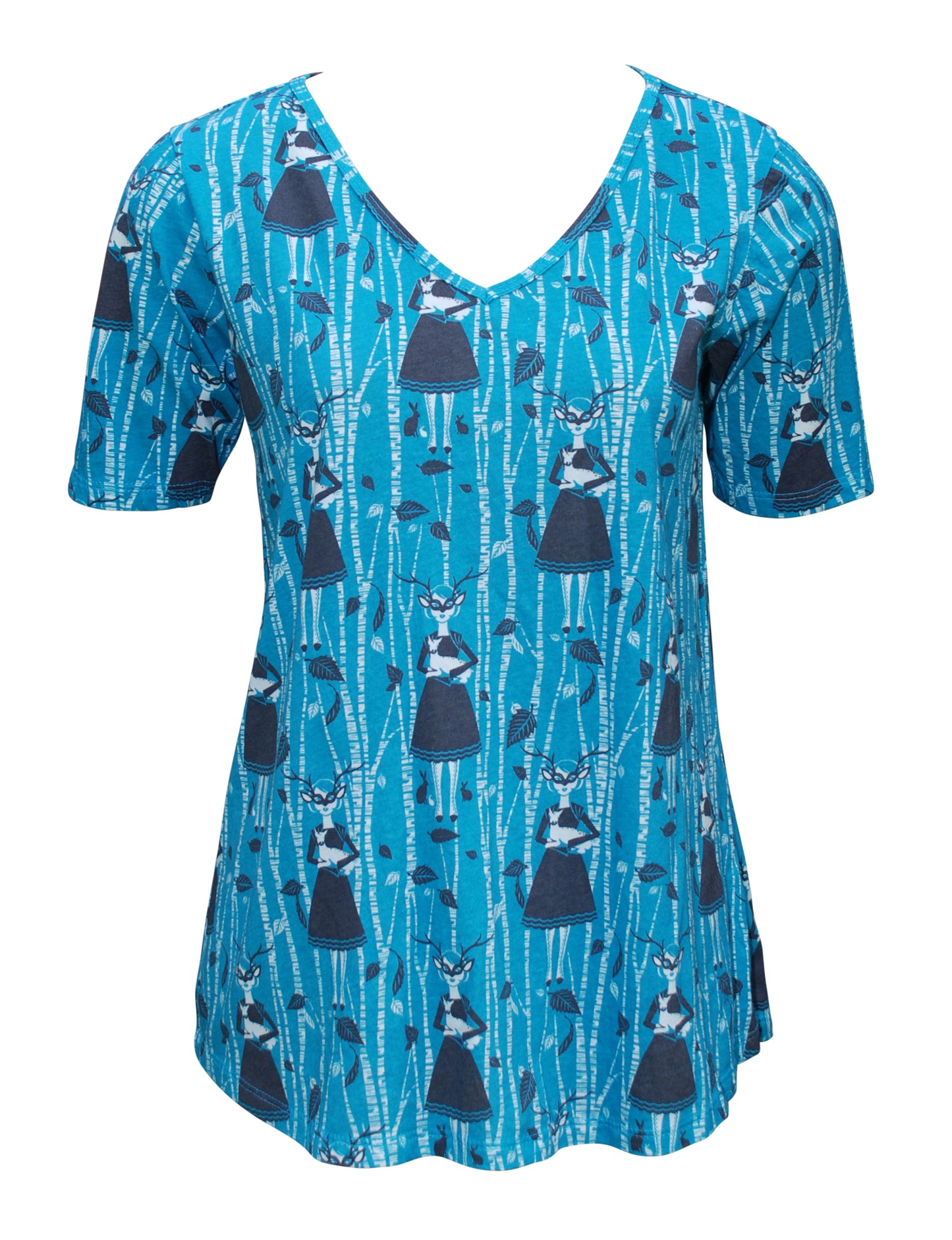 Blue grey v-neck featuring print of masked girl with deer, birch trees and leaves