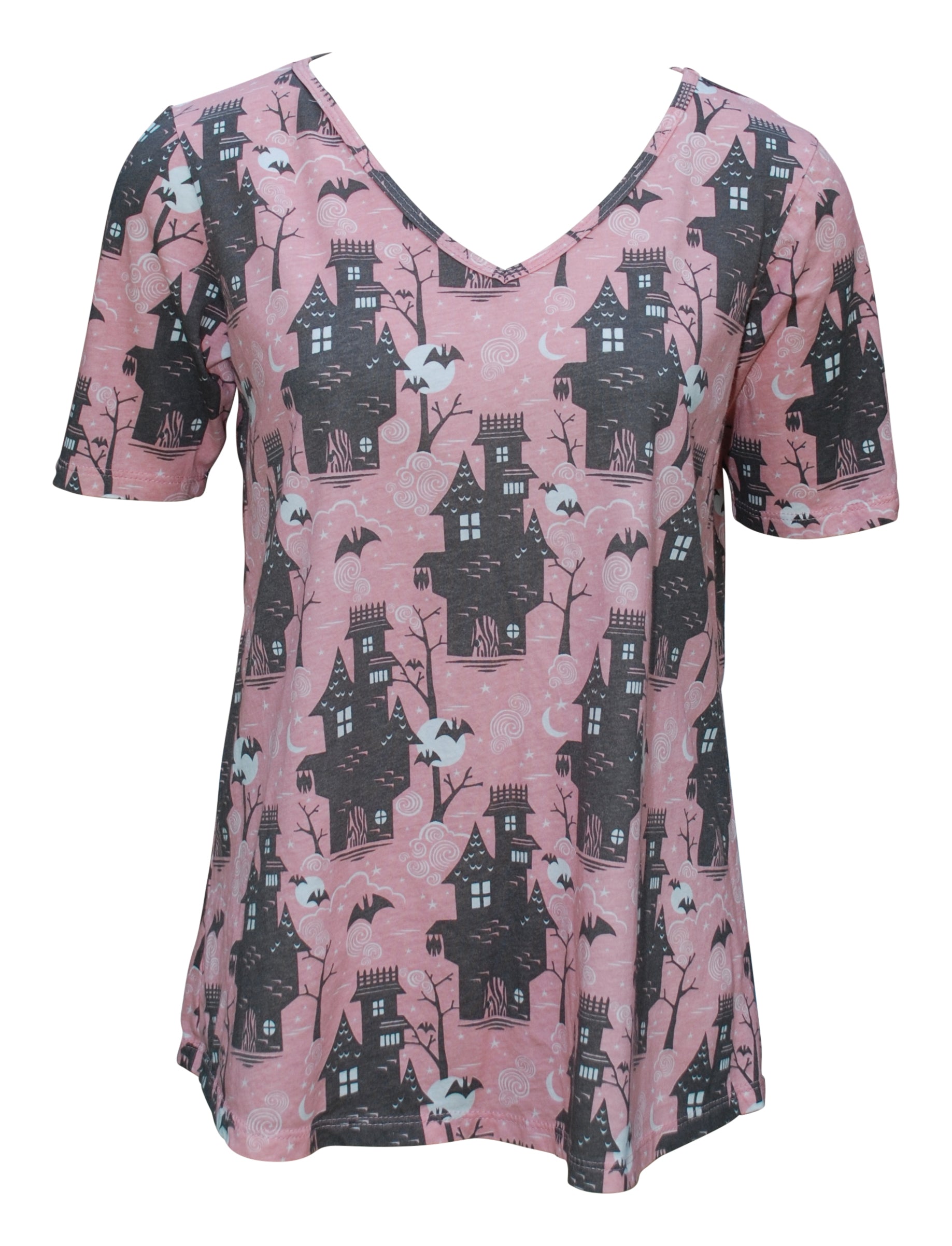 Light pink and grey spooky haunted house print v-neck tee