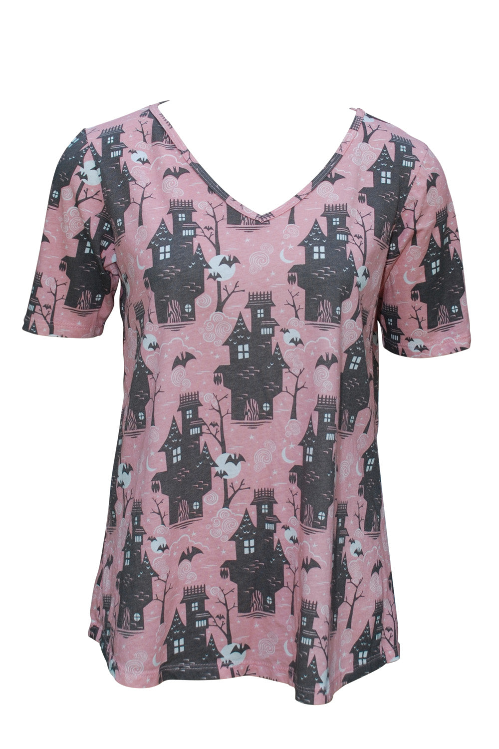 Light pink and grey spooky haunted house print v-neck tee