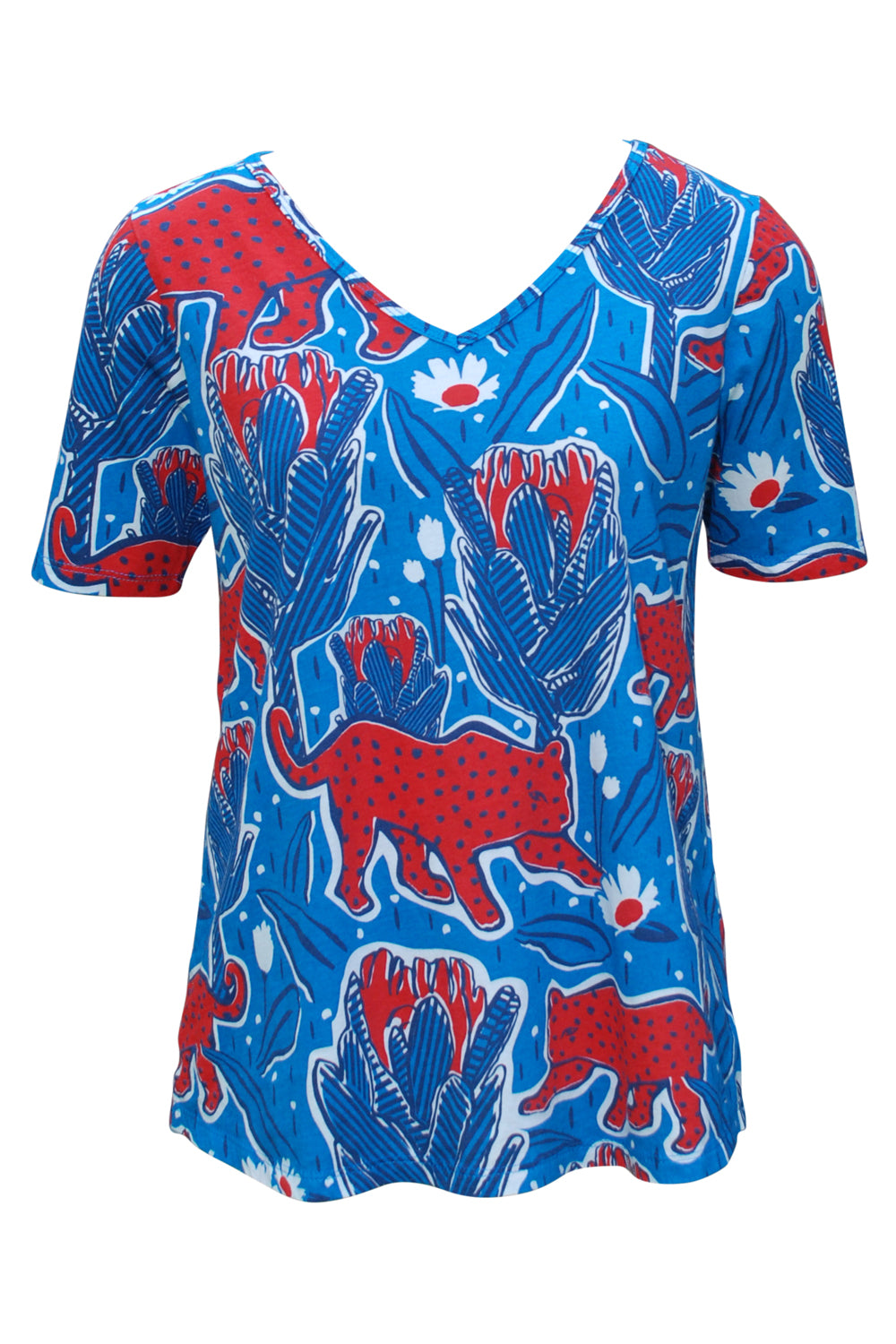 Jaguars in the Jungle V-Neck in Bold Blue & Red