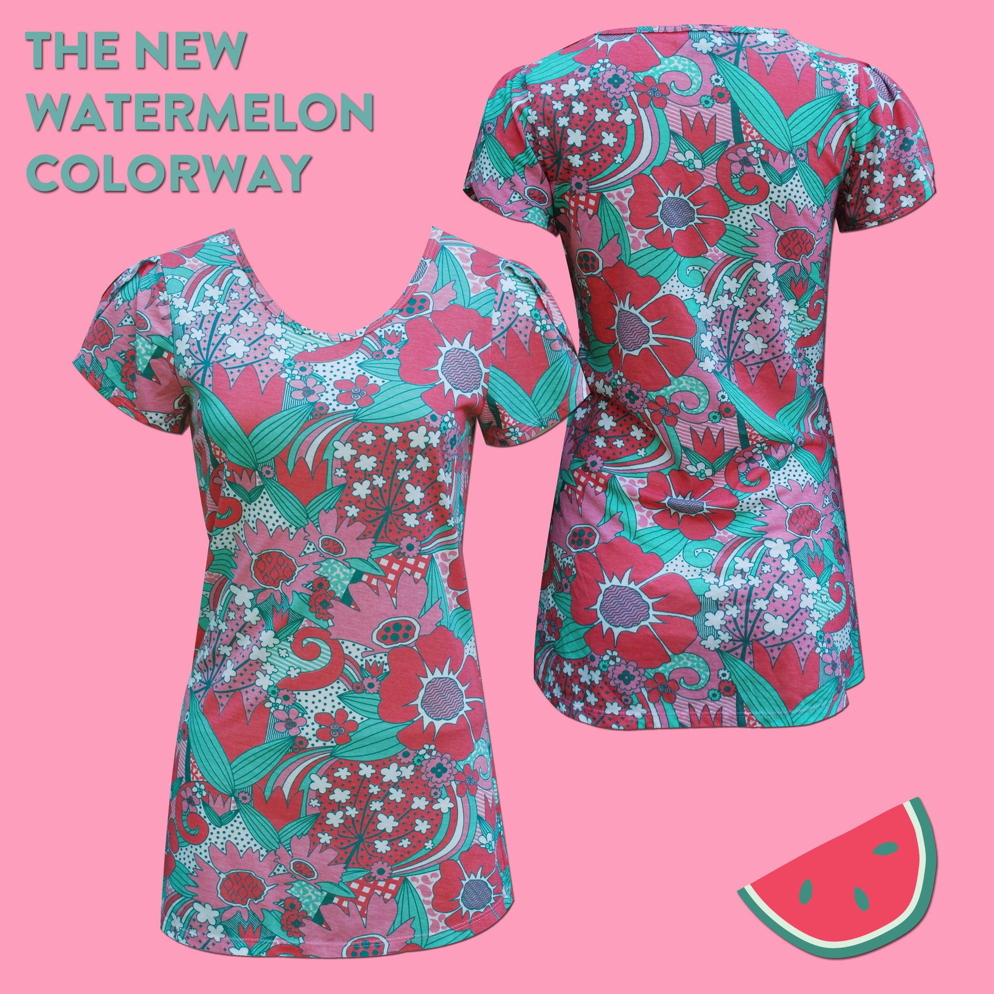 Tulip-sleeved pink and green floral tee, front and back, on pink background and "The New Watermelon Colorway" text