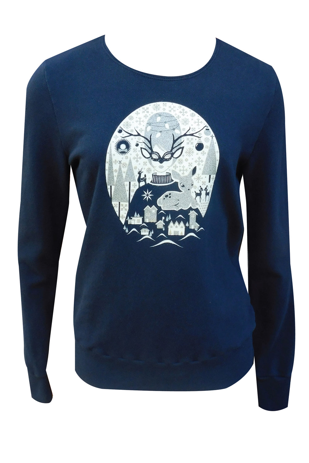 Black French terry pullover with sparkly gold and white print of Christmas girl with mask, reindeer, and pine trees