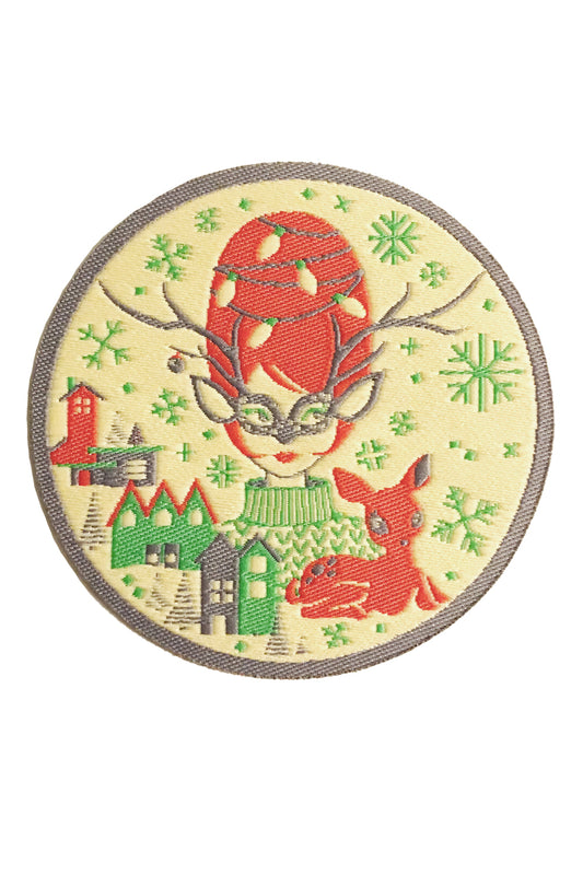 Red and green iron on Christmas patch with putz houses and reindeer