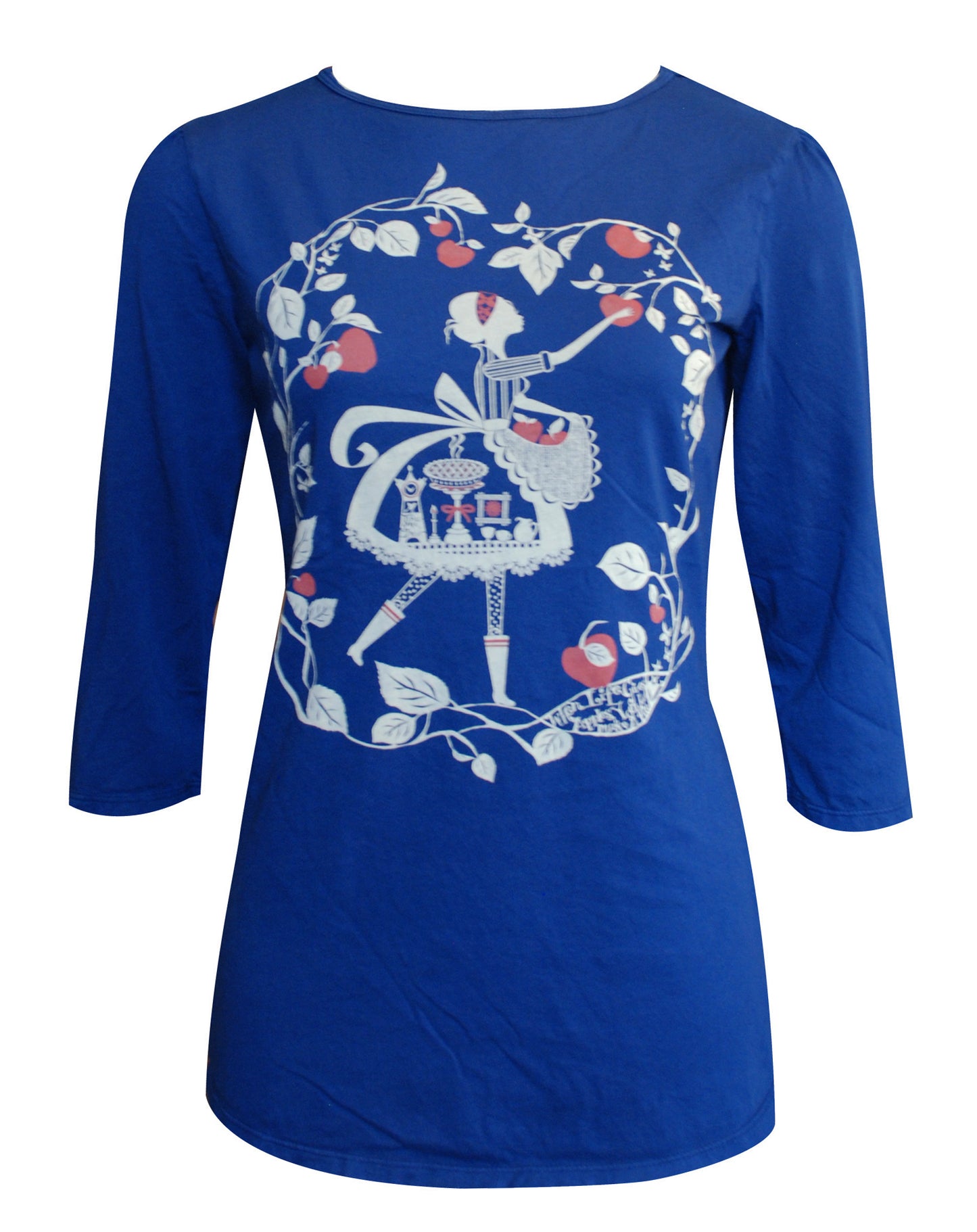 Navy blue 3/4 sleeve tee with print of an apple picking girl and red apples