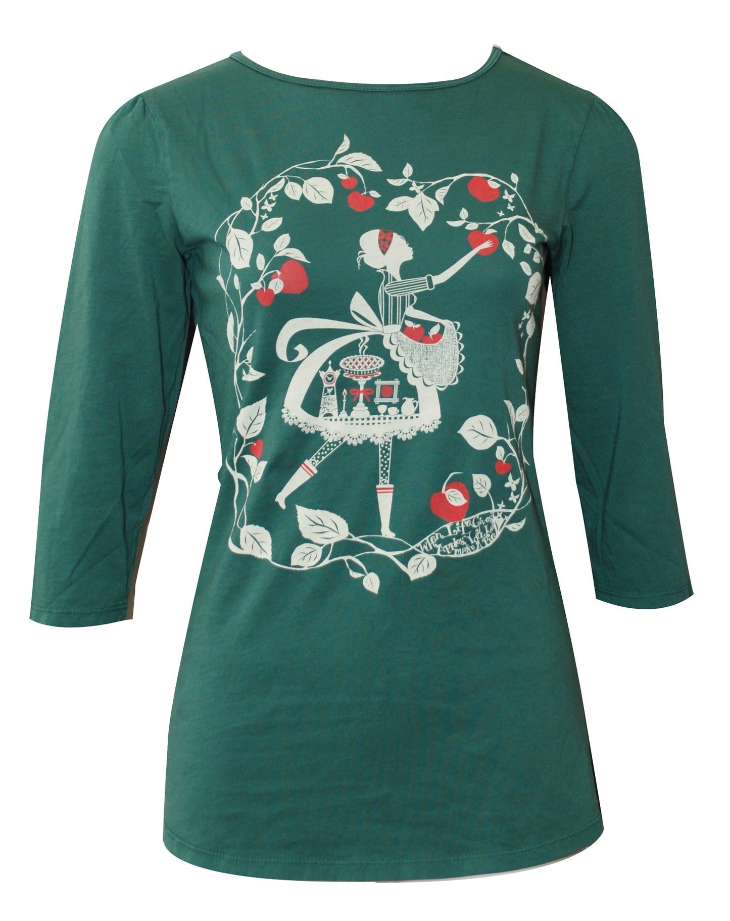 Dark green 3/4 sleeve tee with graphic of apple picking girl and bright red apples