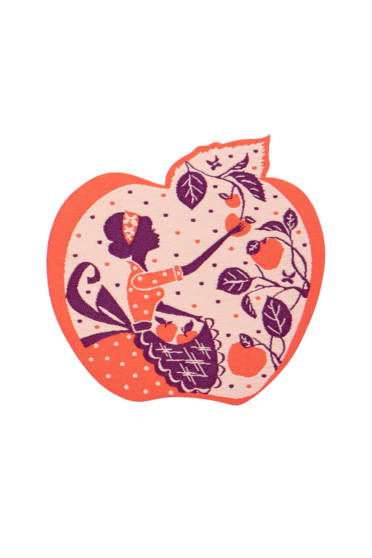 Purple and orange apple-shaped iron on patch with a girl picking apples