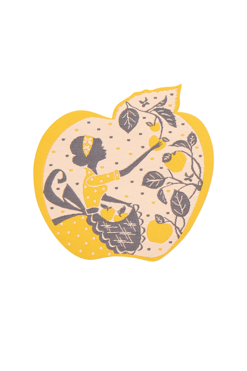 Grey and yellow apple-shaped iron on patch with a girl picking apples