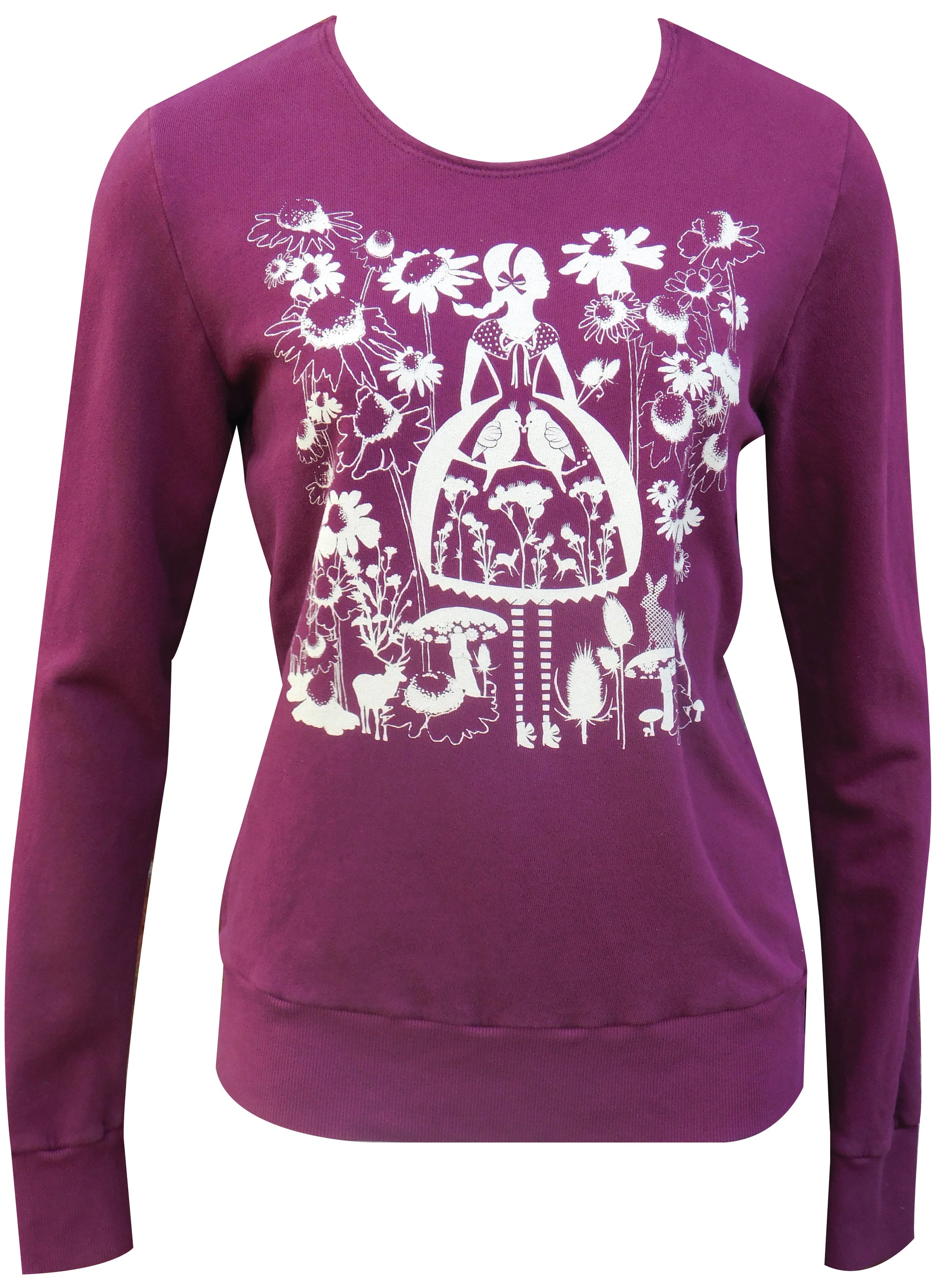Plum sweatshirt with white screen print of cute girl surrounded by flora and fauna