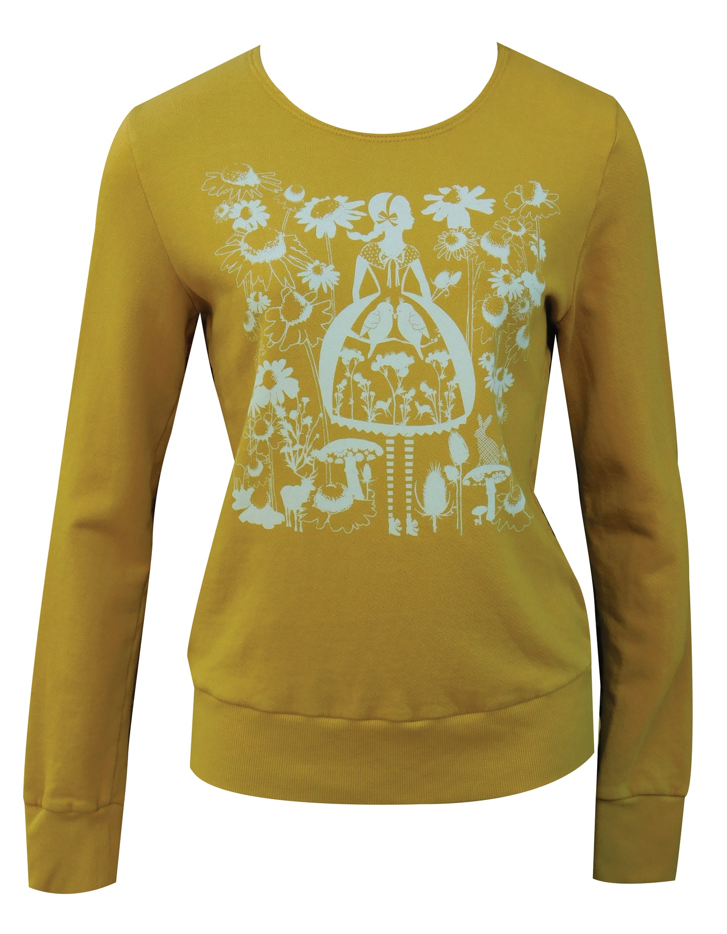 Yellow sweatshirt with white screen print of cute girl surrounded by flora and fauna
