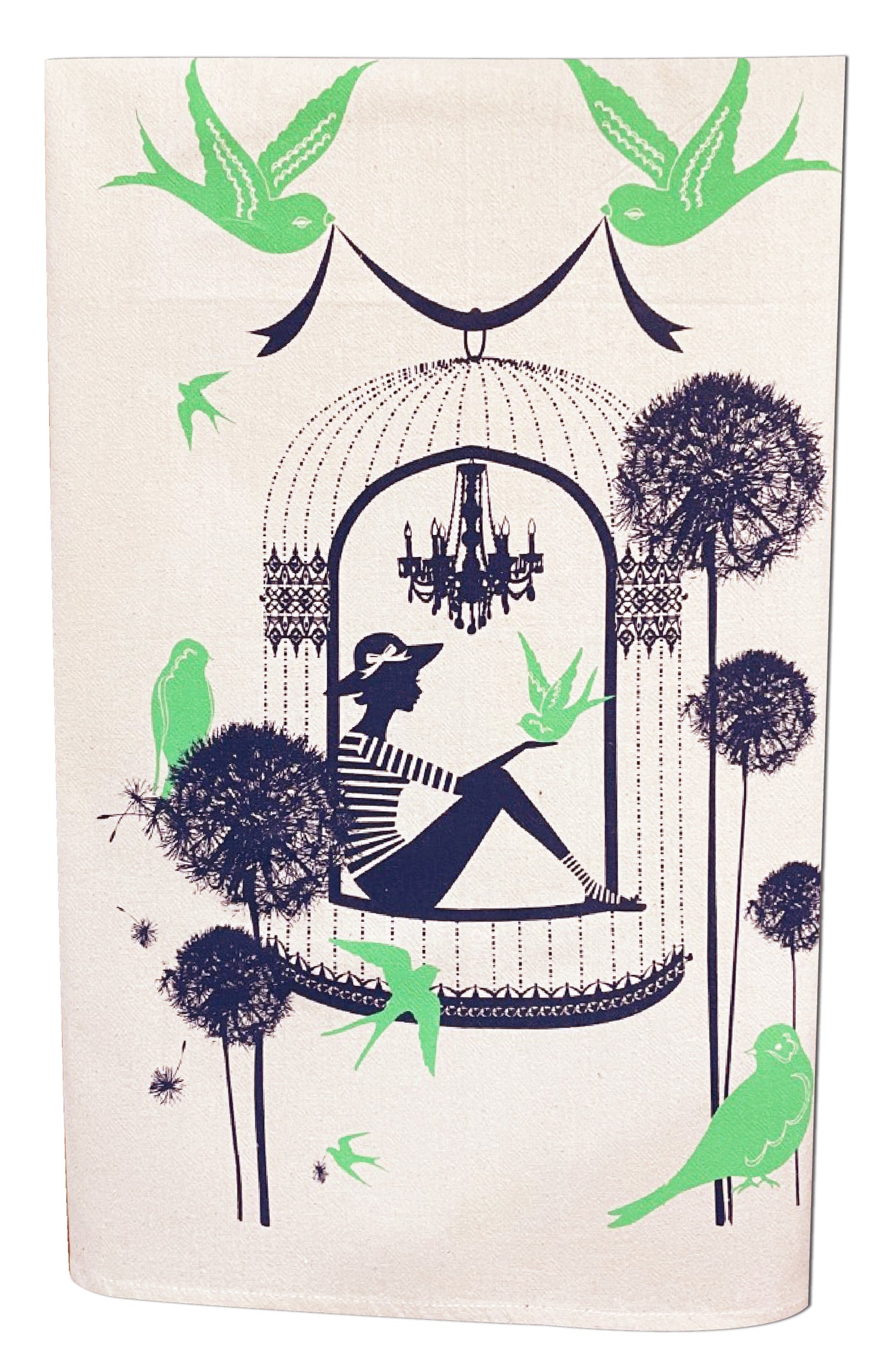 Colorful cotton tea towel with navy and green print of birds and a woman in a birdcage