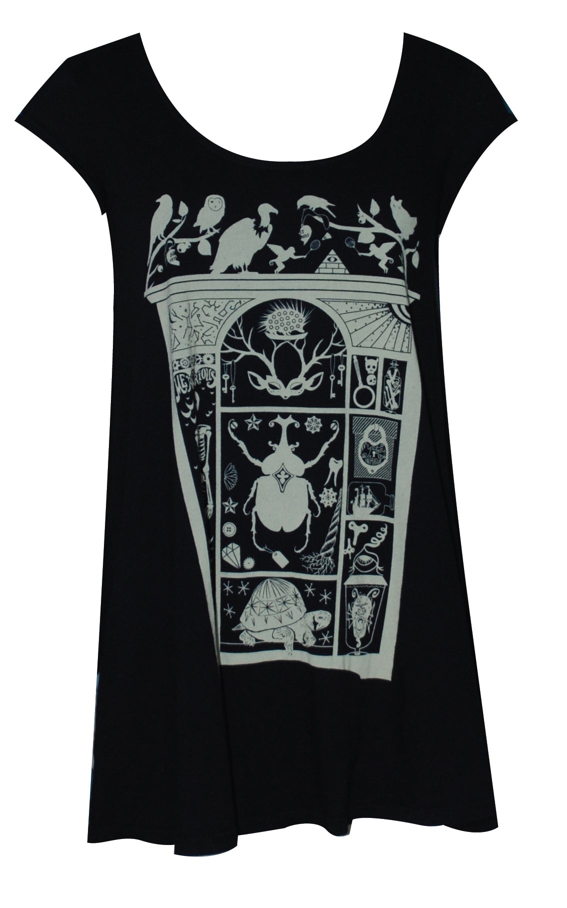 Black scoop neck cap-sleeved trapeze top with white cabinet of curiosities print