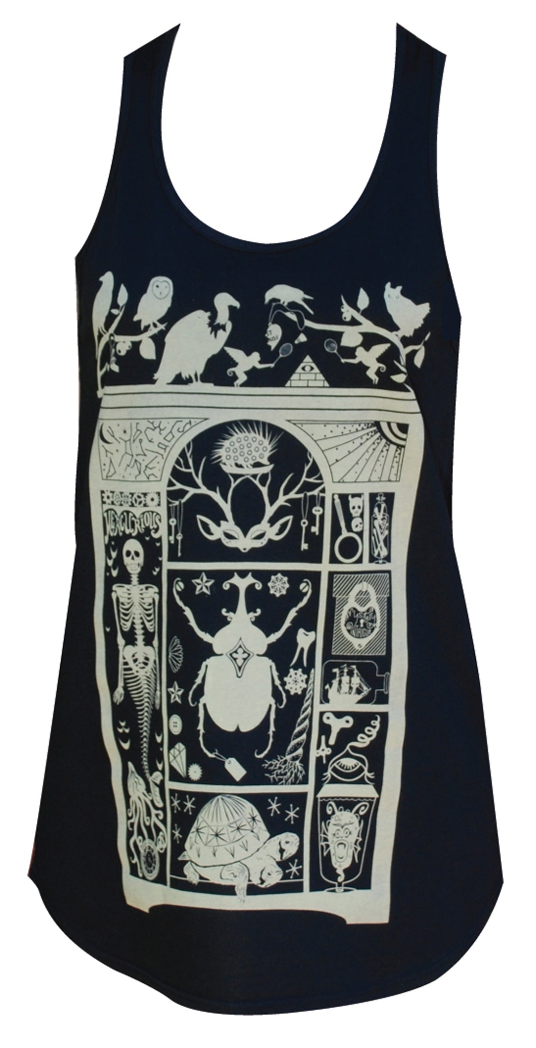 Black racerback tank with spooky print of a cabinet of curiosities in off-white