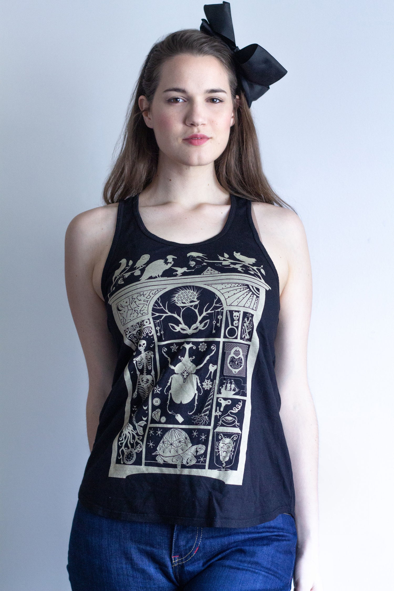Black racerback tank with off-white print of cabinet of curiosities with beetle, skeletons, owls