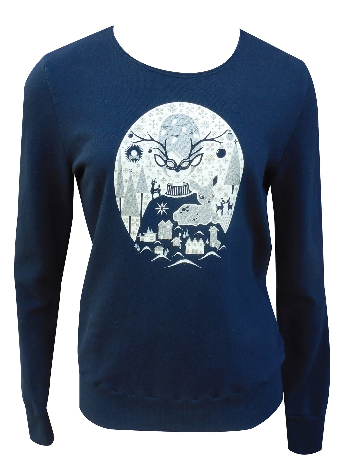 Black French terry pullover with sparkly gold and white print of Christmas girl with mask, reindeer, and pine trees