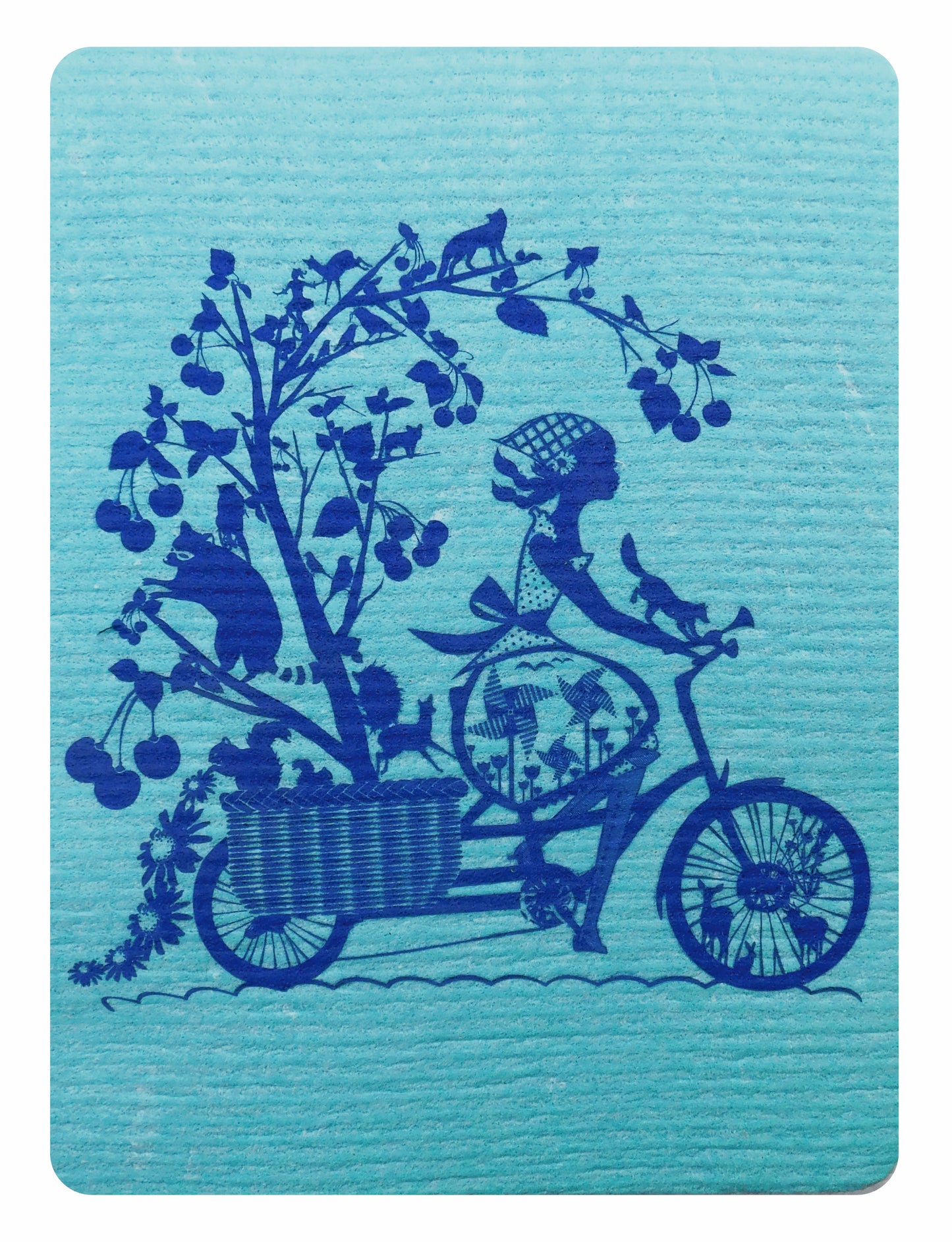 Blue Swedish dishcloth with dark blue graphic of woman riding a bike