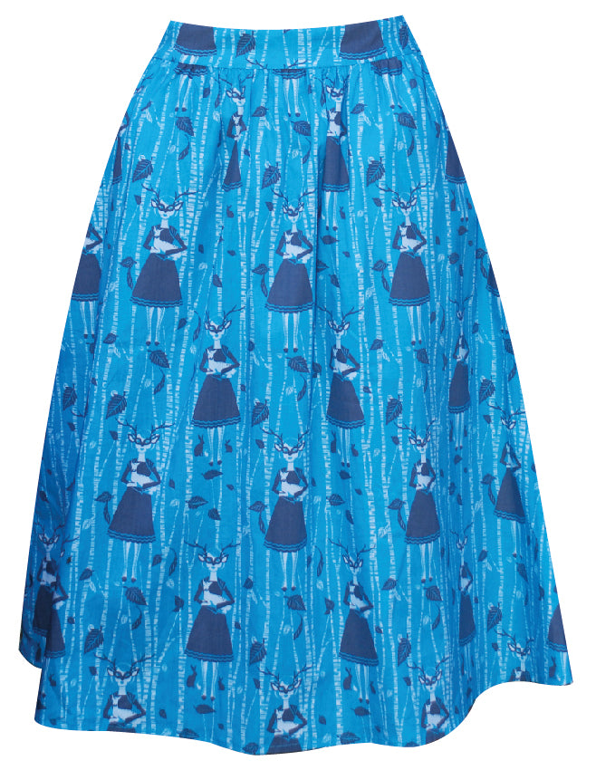 Teal blue and grey gathered midi skirt with masked girl holding deer and birch trees