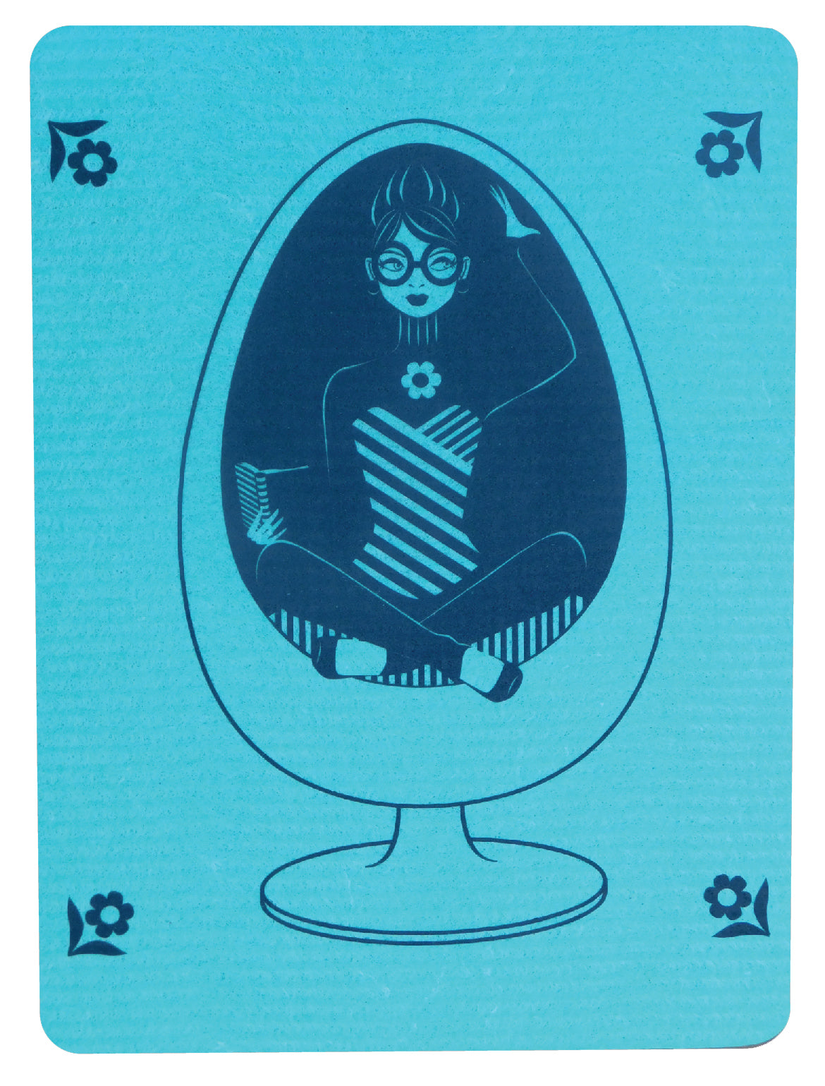 Blue Swedish dishcloth featuring our design of a girl in glasses reading in a vintage egg chair