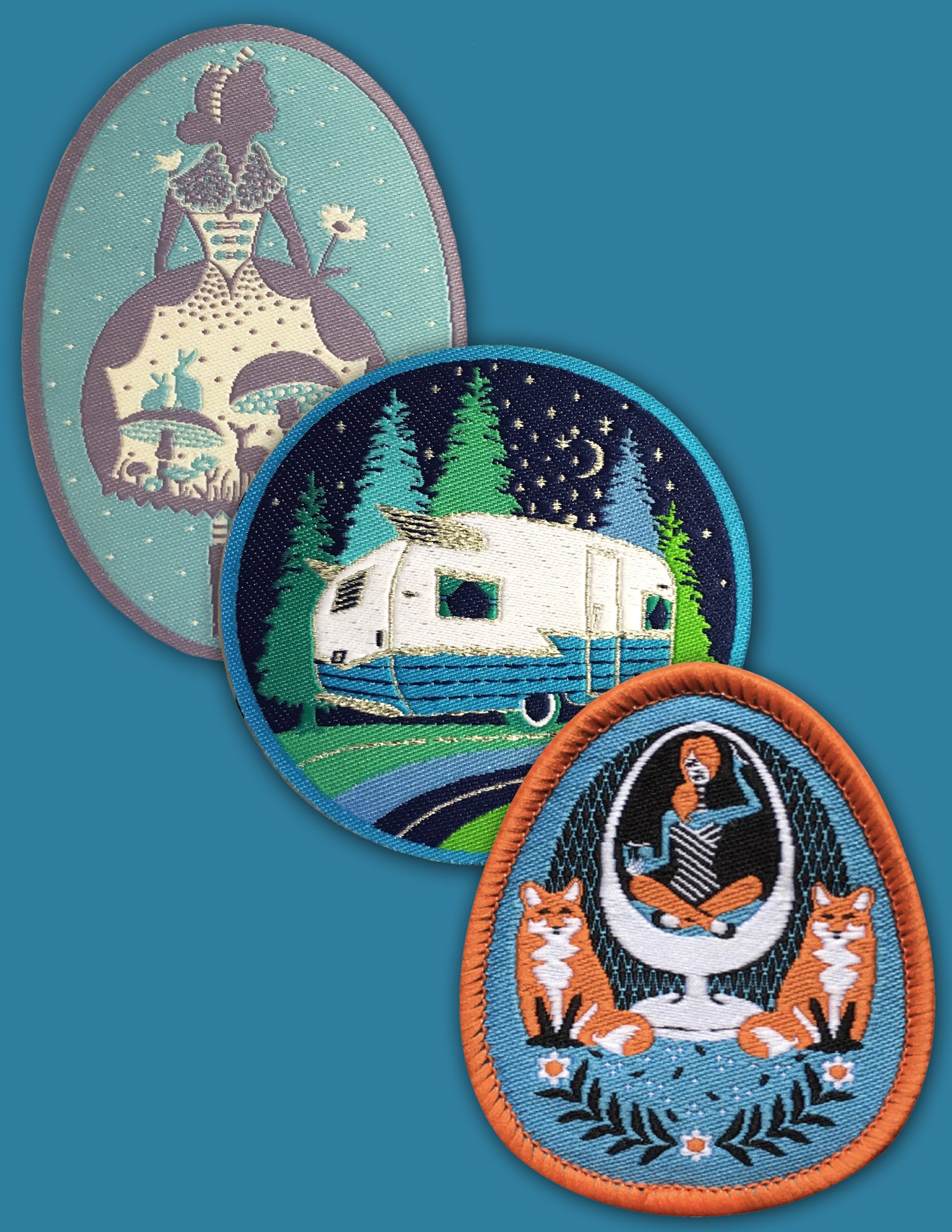 3 blue patches with fun details of foxes, campers, and sweet girls  