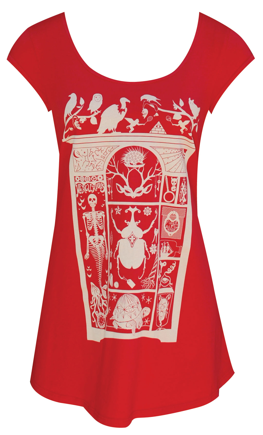 Red scoopneck cap-sleeved trapeze top with white cabinet of curiosities print