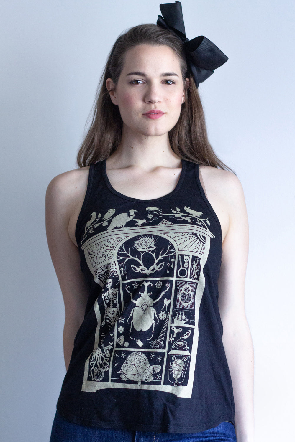 Black racerback tank with off-white print of cabinet of curiosities with beetle, skeletons, owls