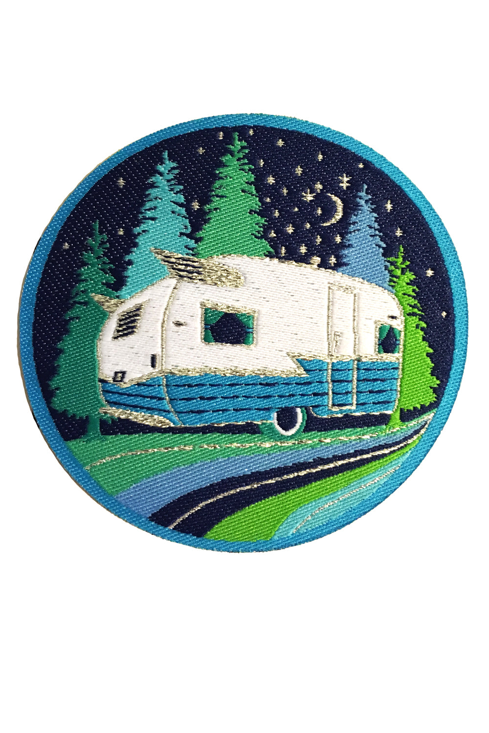 Blue and green iron on patch of vintage Shasta camper and trees 