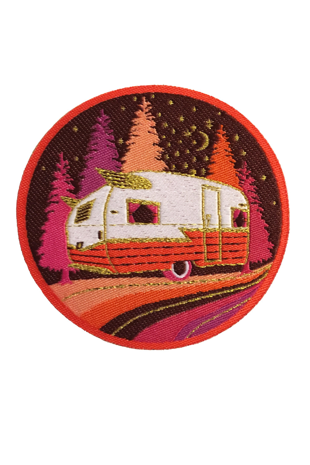 Bright red, orange, pink and gold woven patch with vintage camper