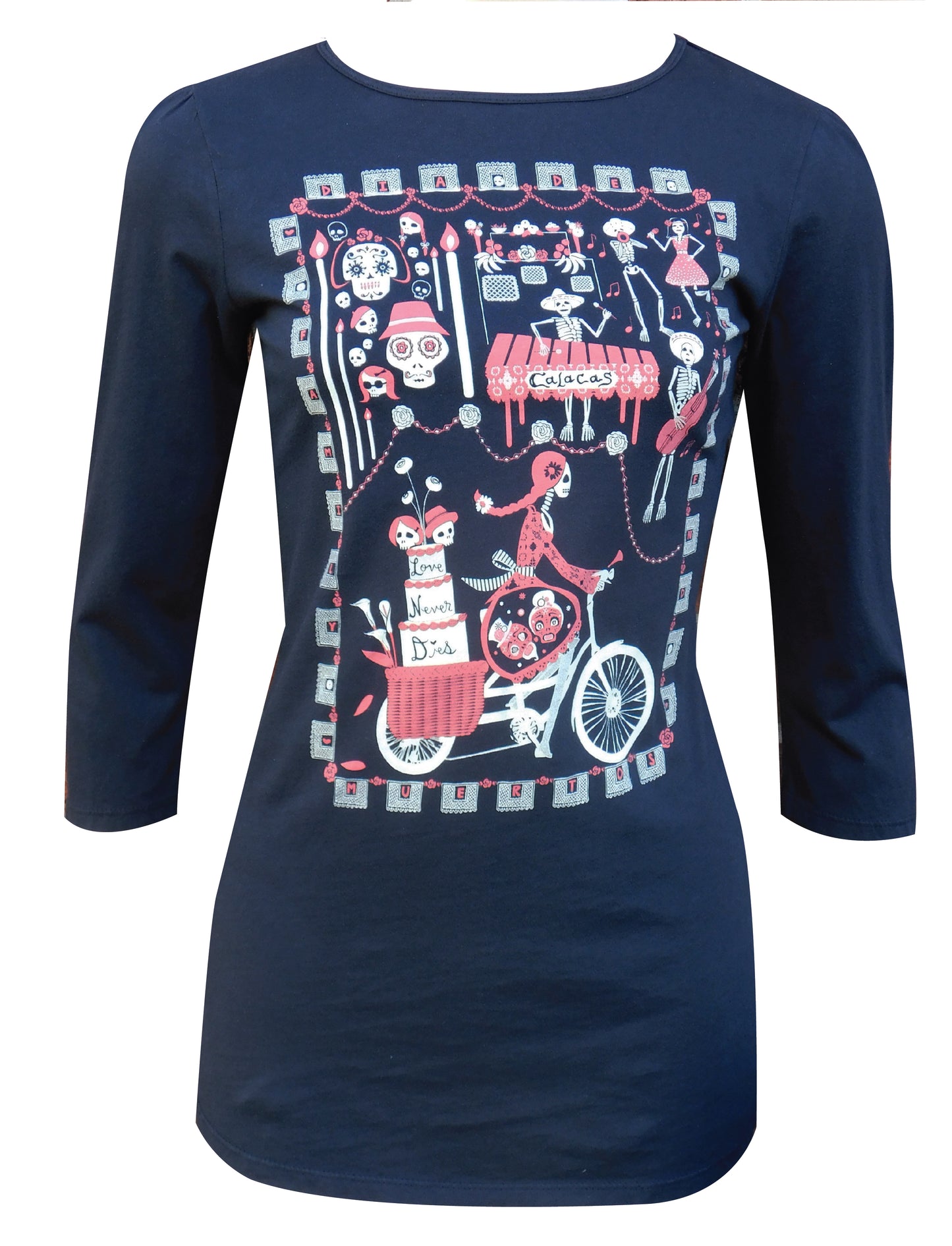 Long sleeve tee in navy with a graphic of skeletons celebrating and riding bikes