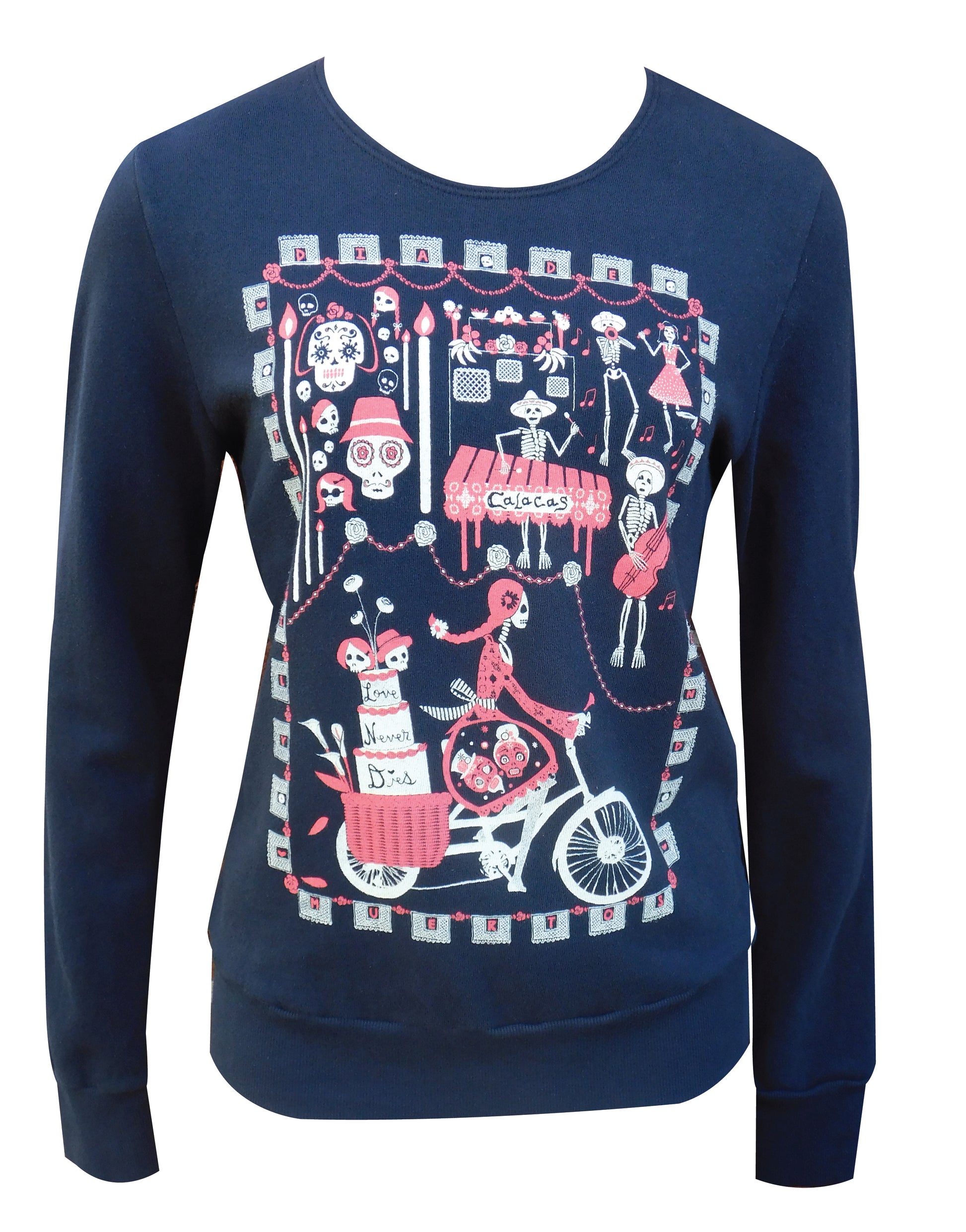 Navy sweatshirt featuring skeletons celebrating and riding bikes