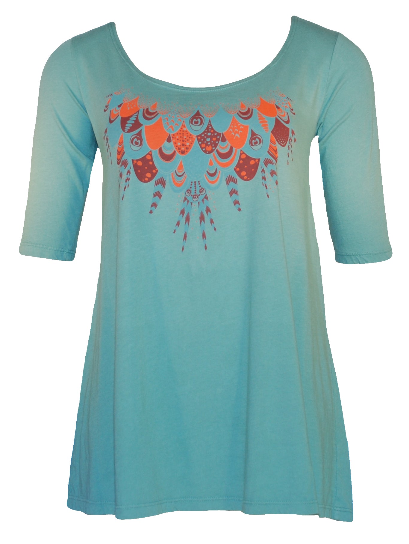 Light blue orange and brown feather print swing top