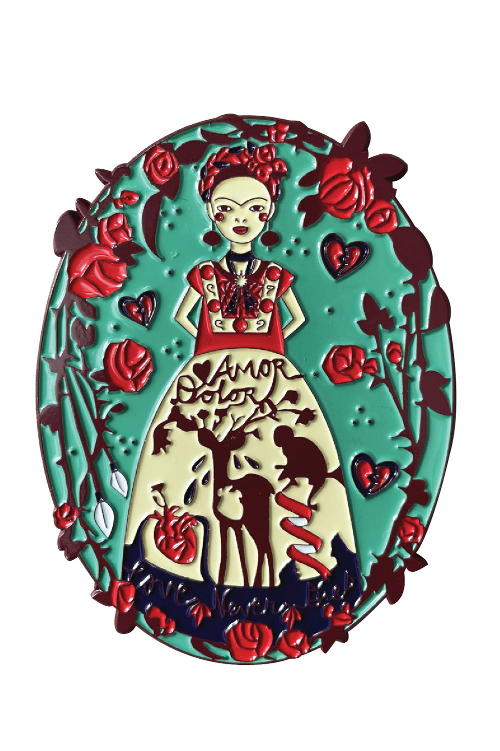 Jade green, red, and white enamel pin featuring a female artist, deer, monkey, and flowers with "Love Never Dies" text