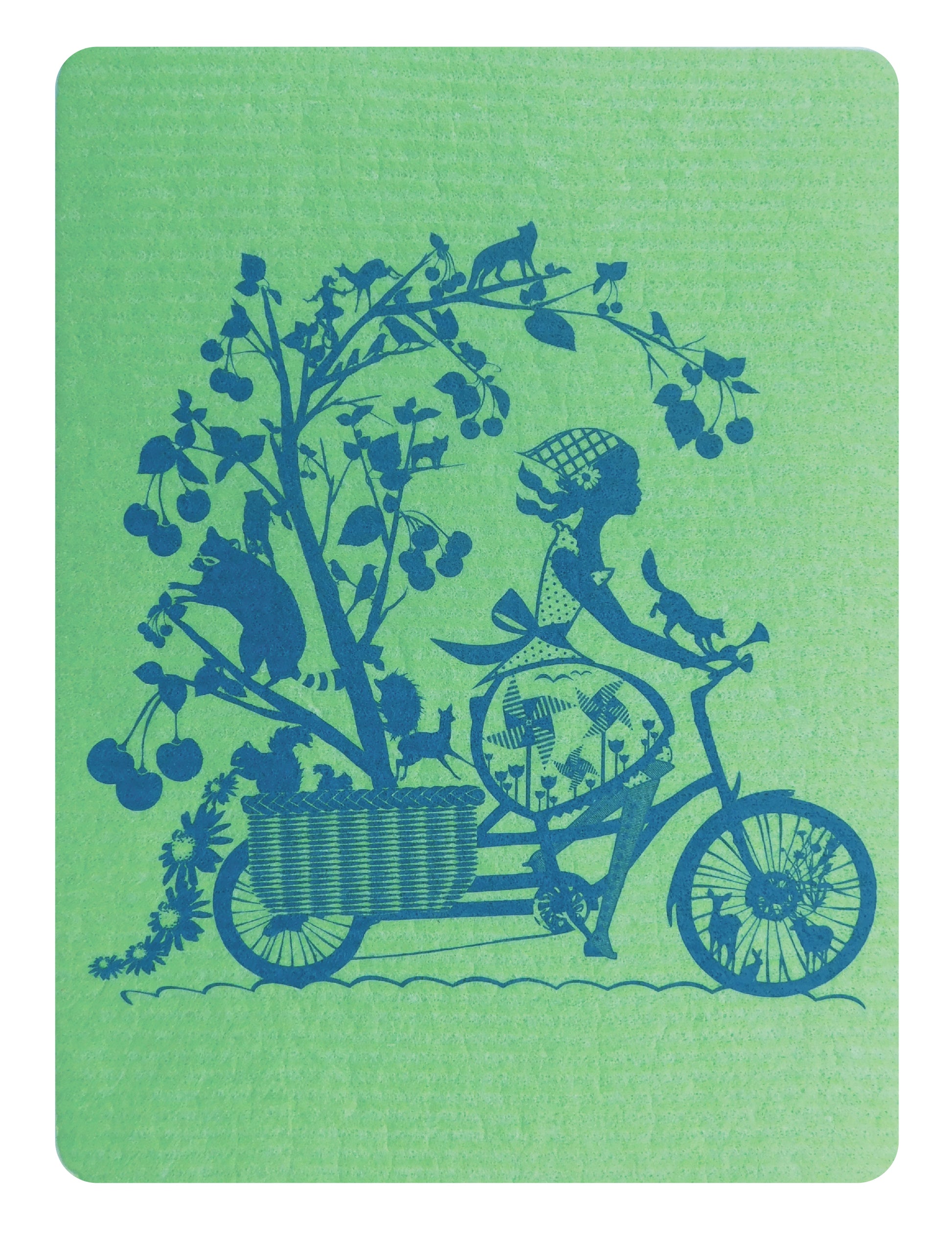 Green Swedish dishcloth with dark blue graphic of woman riding a bike