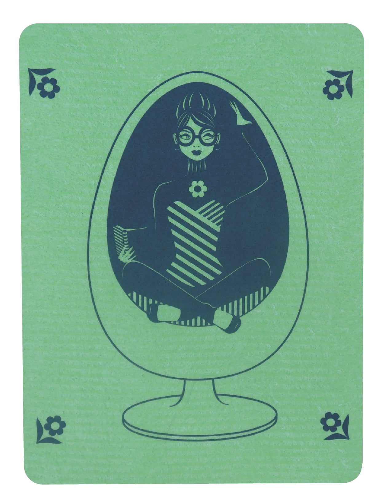 Green Swedish dishcloths featuring our design of a girl in glasses reading in a vintage egg chair
