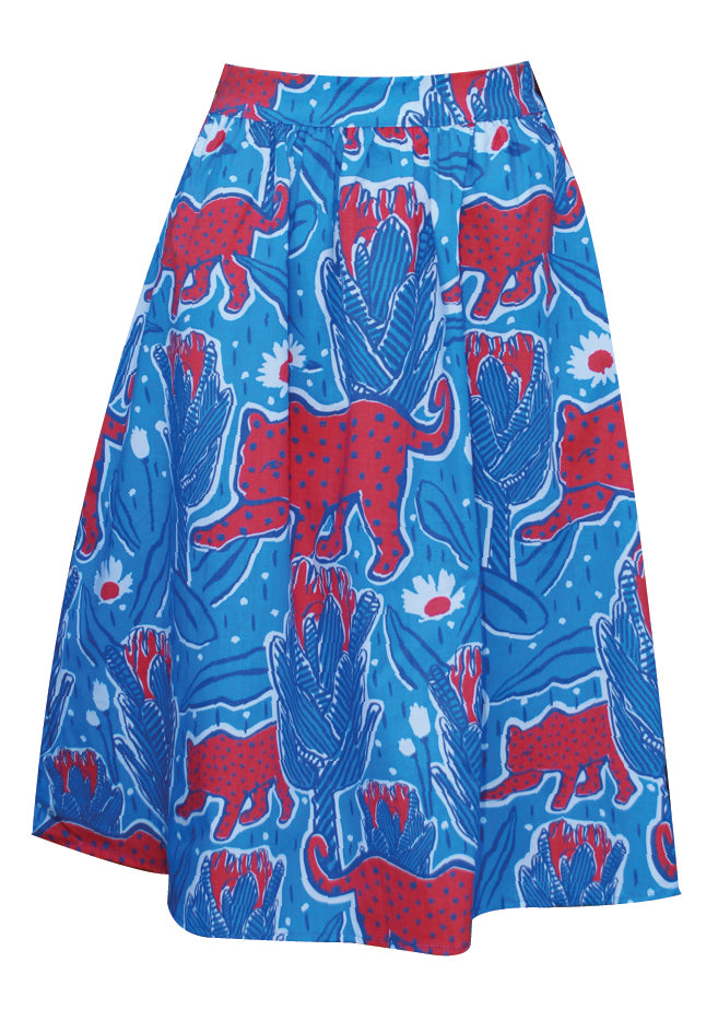 Gathered skirt with blue and red jaguar and protea print