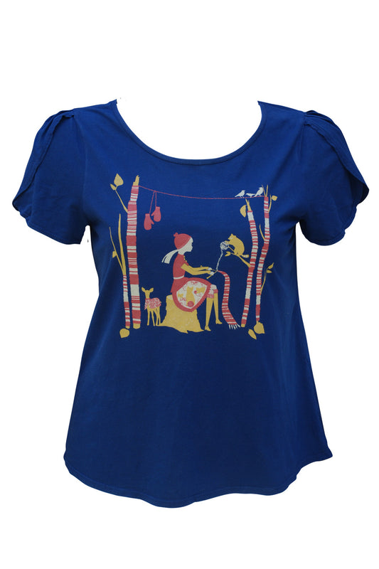 Navy tulip-sleeved tee with graphic of girl knitting in the forest