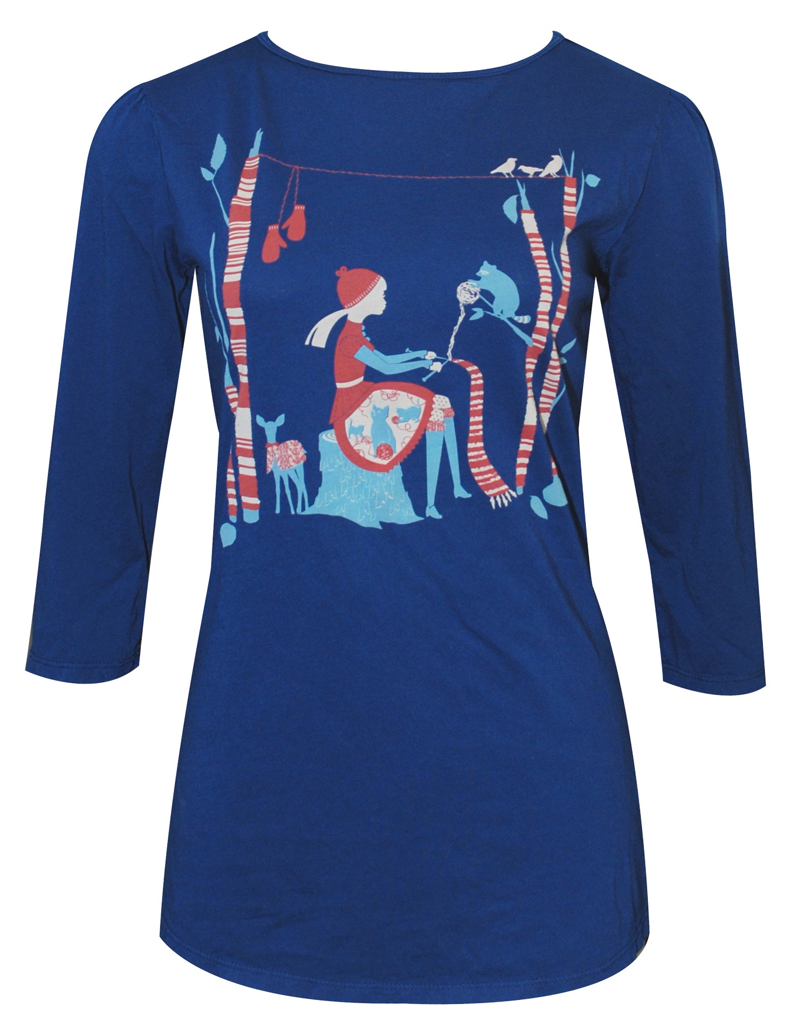 Navy blue 3/4 sleeved tee with print of knitting girl in the woods with animals and yarn