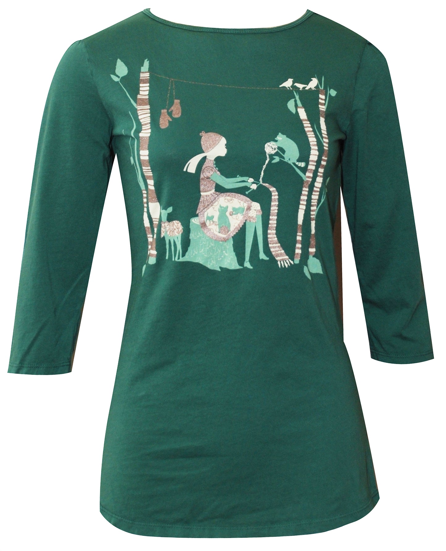 Pine green tee with print of knitting girl surrounded by animals in the woods