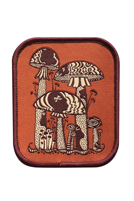 Orange, brown and off white psychedelic mushroom rectangular iron on patch