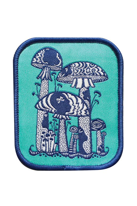 Aqua and indigo blue psychedelic mushroom iron on patch